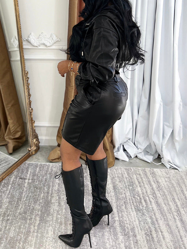 Faux-Leather Hooded Top & Capri Pants Set