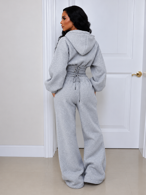 Solid Hoodie Cinched Waist Top & Pants Set