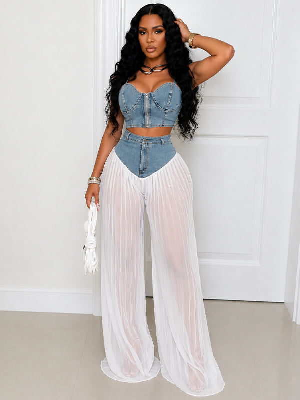 Denim Cami Top & Pleated Combo Pants Set