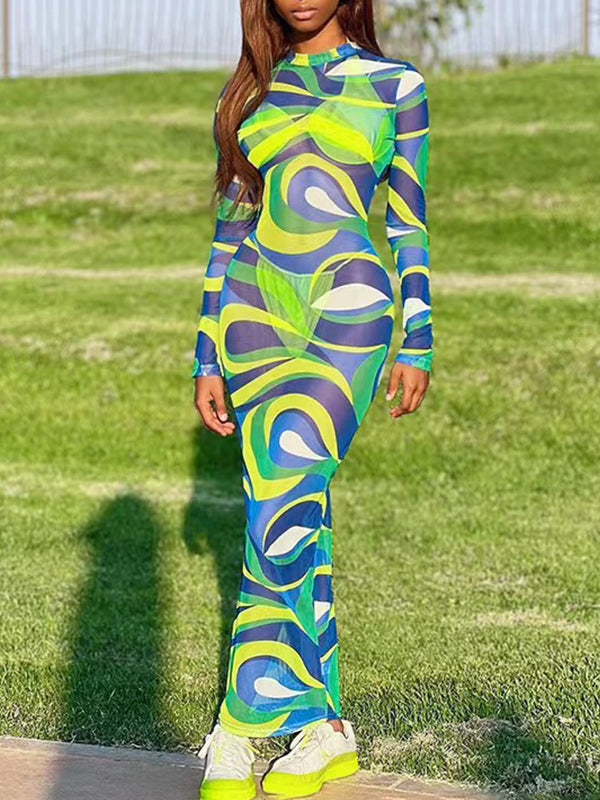 Printed Round-Neck Maxi Dress