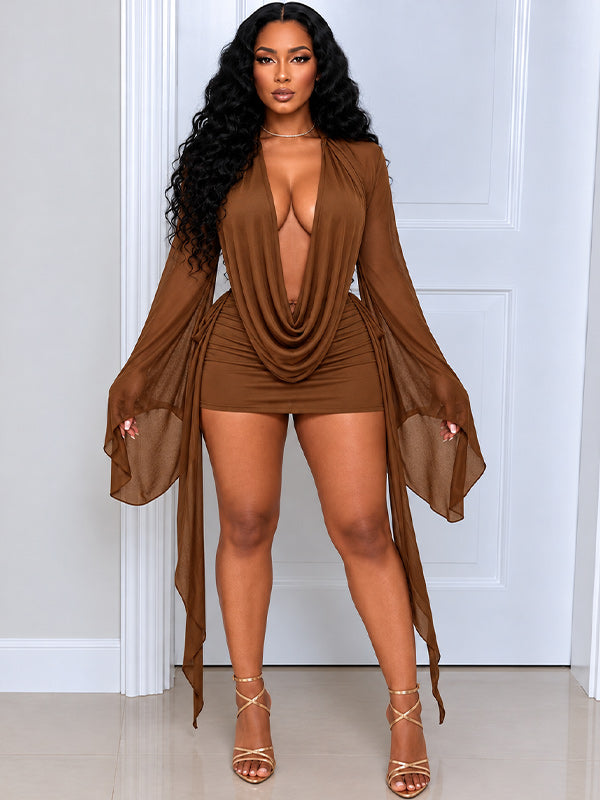 Solid Draped Ruched Sash Dress