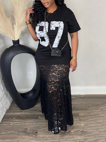 Morchique Lace Combo Printed Dress