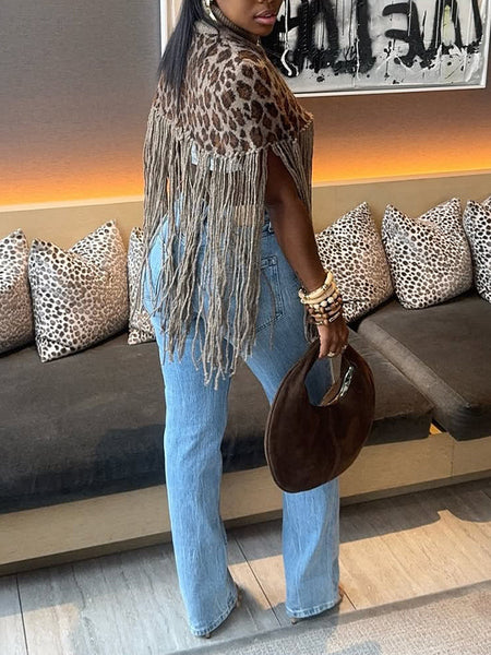 Fringe Combo Leopard Poncho