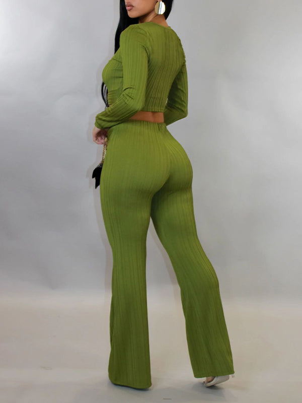Solid Ribbed Pants Set