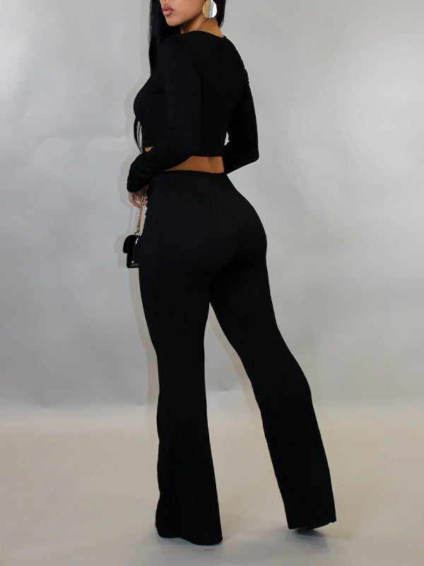 Solid Ribbed Pants Set