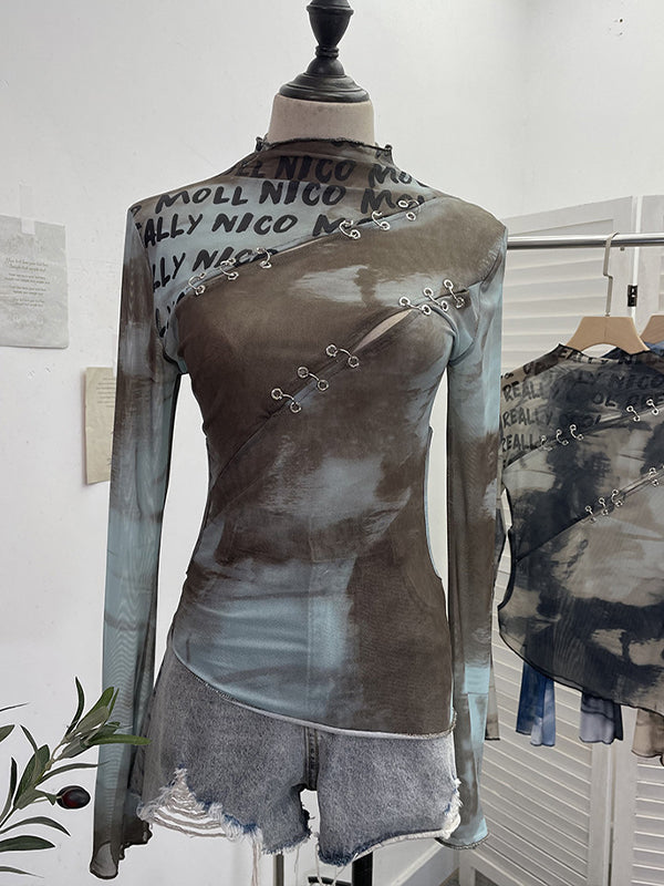 Printed Cutout Sheer Top