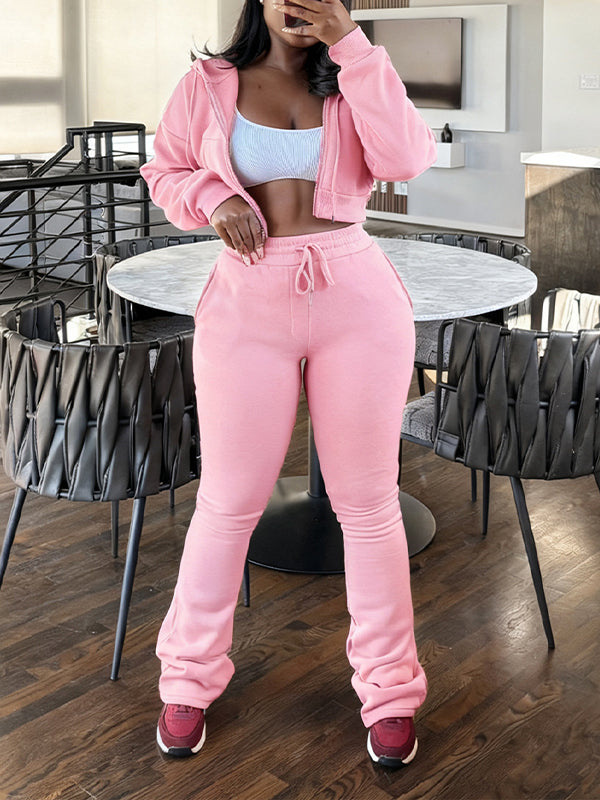 Solid Zip-Front Hoodie & Pants Set