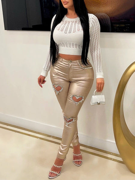 Heart Studded Metallic Pants