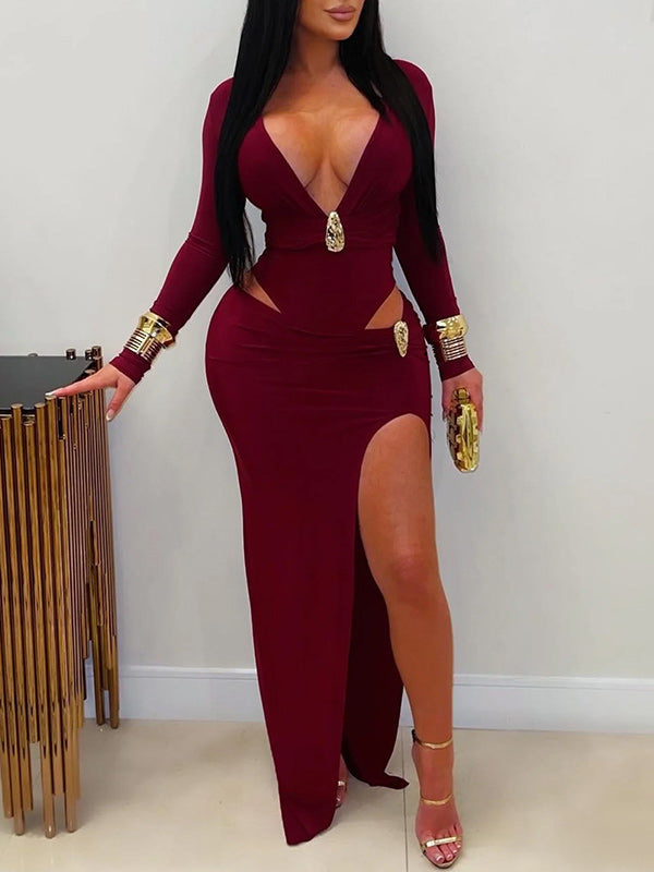 V-Neck Cutout Slit Dress
