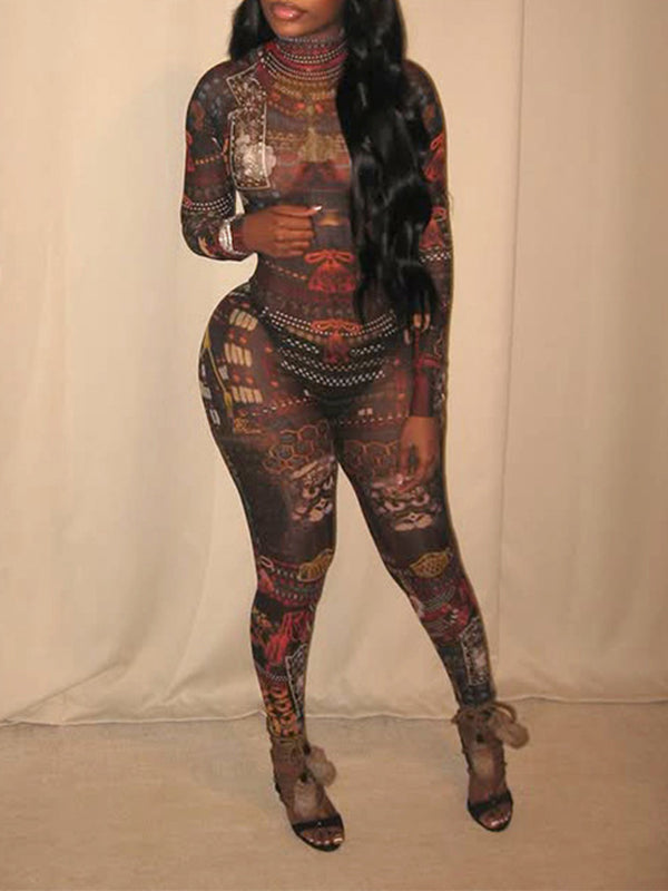 Morchique Printed Mock-Neck Sheer Jumpsuit