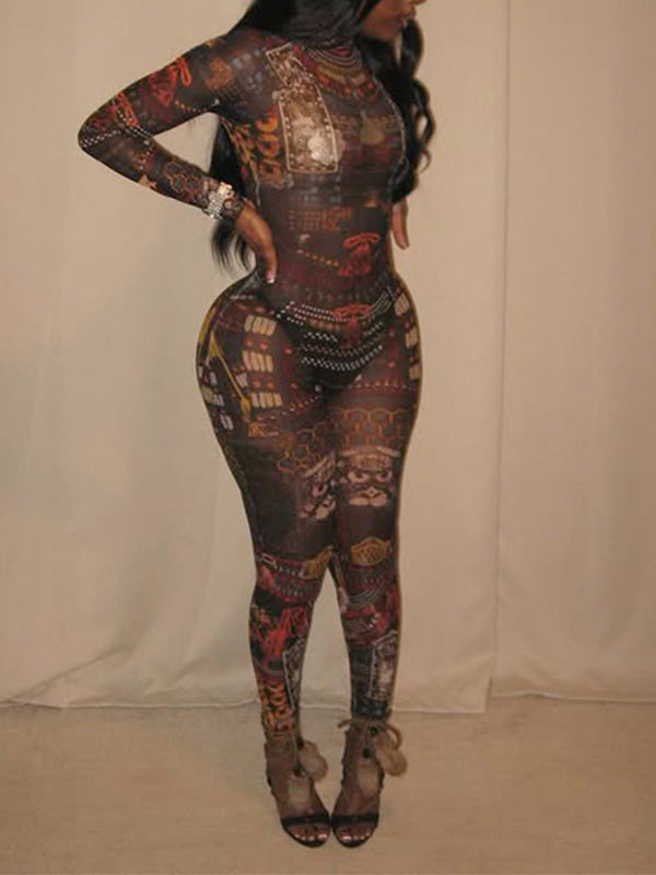 Morchique Printed Mock-Neck Sheer Jumpsuit