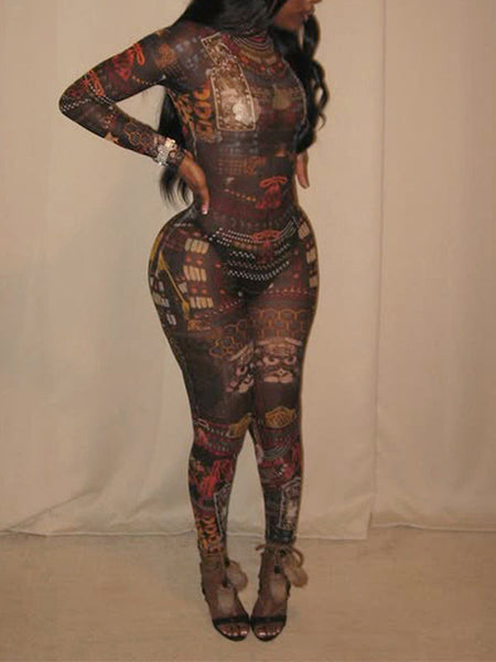 Morchique Printed Mock-Neck Sheer Jumpsuit