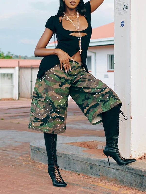 Pearl-Studded Camo Bermuda Shorts
