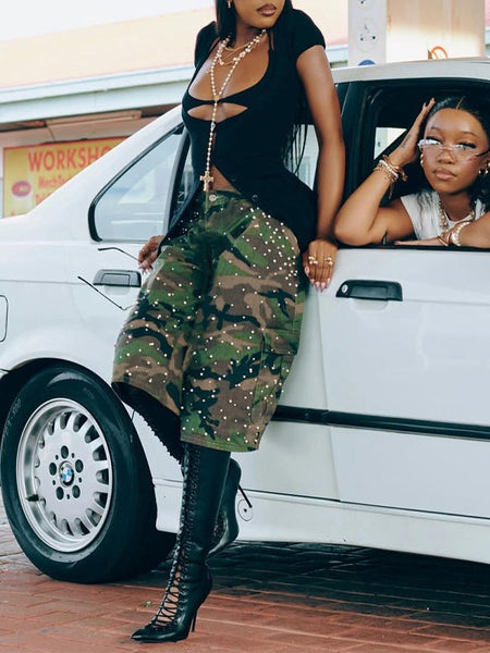 Pearl-Studded Camo Bermuda Shorts