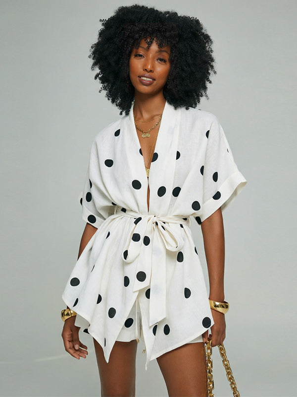 Dot Tied Kimono & Shorts Set