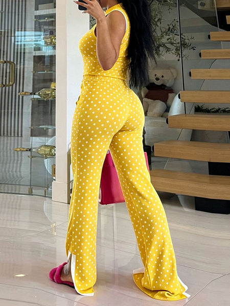 Dot Sleeveless Polo Top & Slit Pants Set