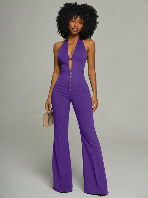 Button-Front Halter Jumpsuit