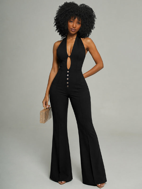 Button-Front Halter Jumpsuit