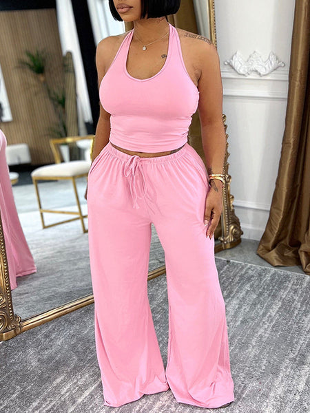 Solid Halter Top & Wide-Leg Pants Set