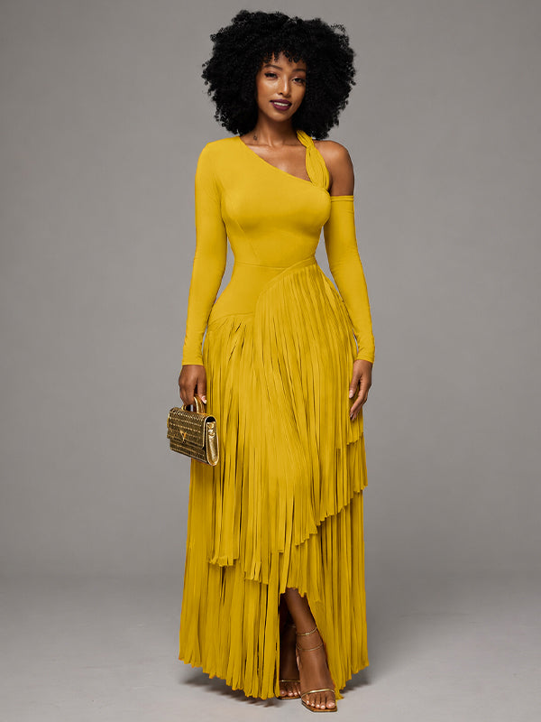 Asymmetric-Neck Fringe Dress