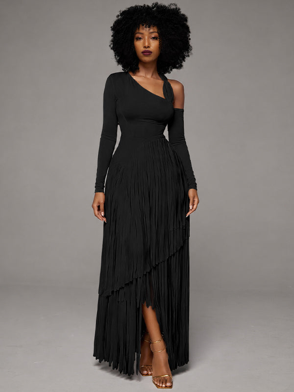 Asymmetric-Neck Fringe Dress