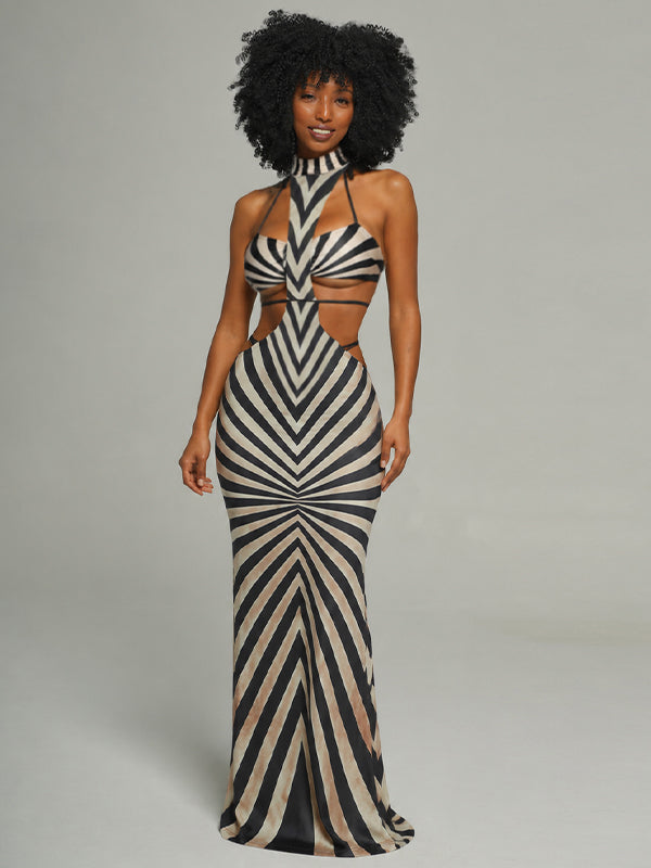 Printed Cutout Halter Maxi Dress