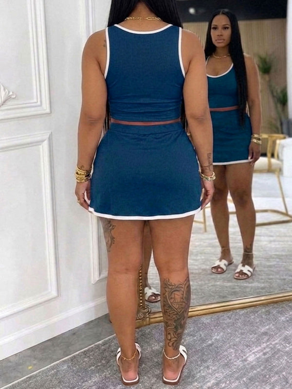 Contrast Tank Top & Slit Skirt Set