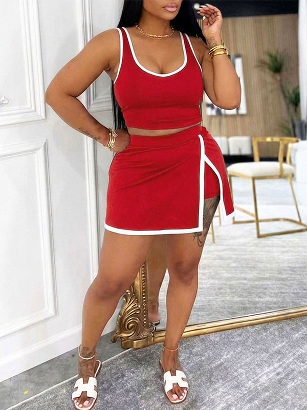 Contrast Tank Top & Slit Skirt Set