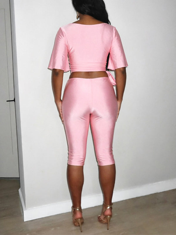 Solid Tied Top & Capri Pants Set