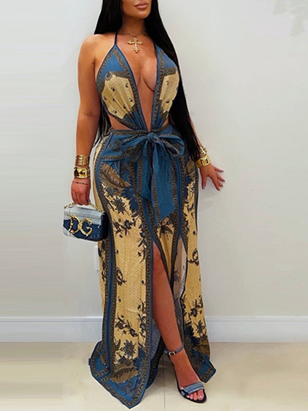 Printed Wide-Leg Halter Jumpsuit