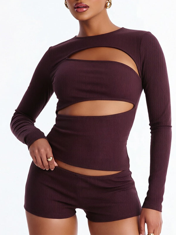 Solid Cutout Tee & Shorts Set