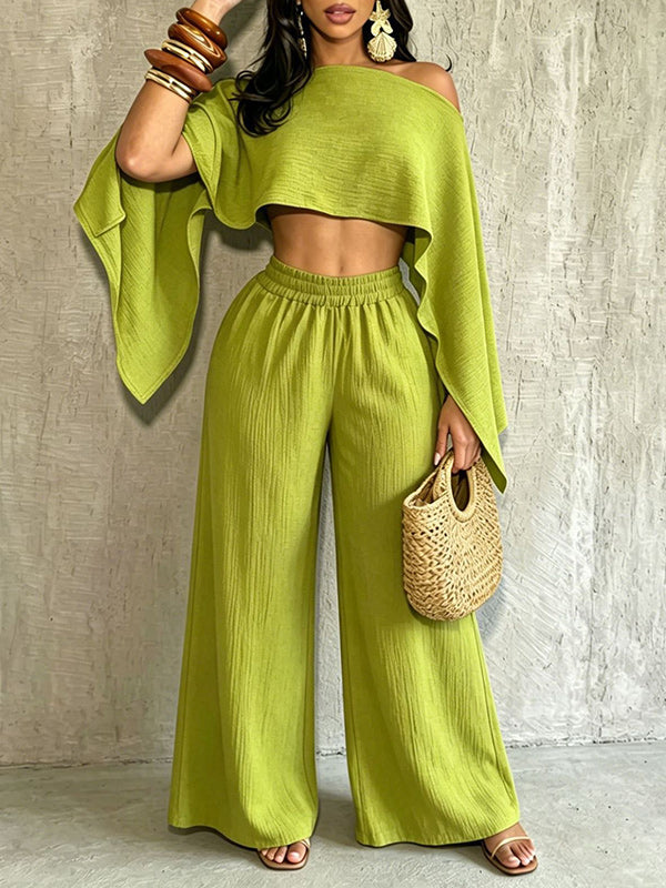 Solid Boat-Neck Top & Wide-Leg Pants Set