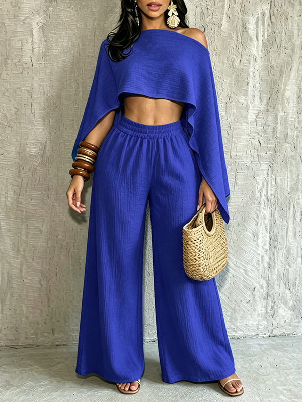 Solid Boat-Neck Top & Wide-Leg Pants Set