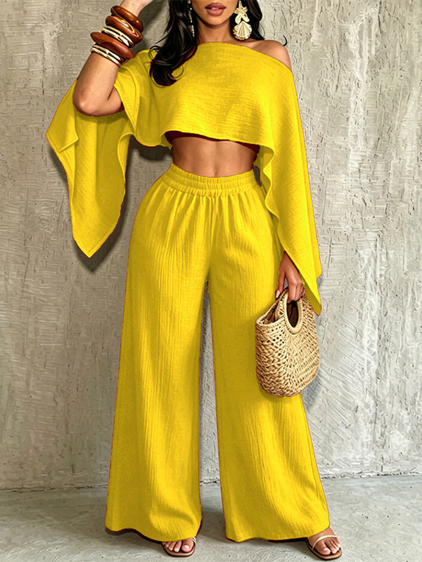 Solid Boat-Neck Top & Wide-Leg Pants Set