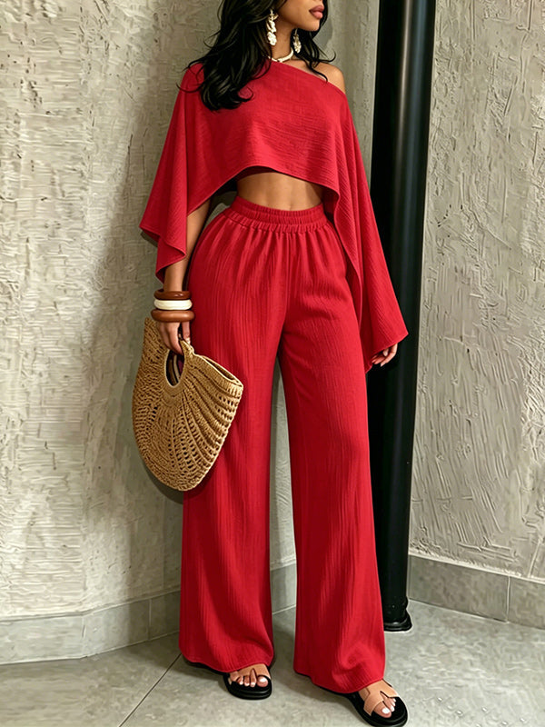 Solid Boat-Neck Top & Wide-Leg Pants Set