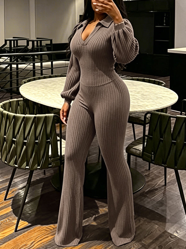 Ribbed Puff-Sleeve Polo Top & Pants Set