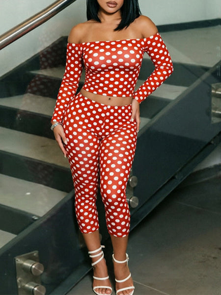 Dot Off-Shoulder Top & Capri Pants Set