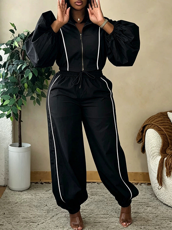 Stripe Puff-Sleeve Jacket & Pants Set