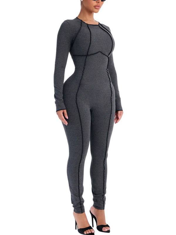 Contrast-Piping Ribbed Jumpsuit