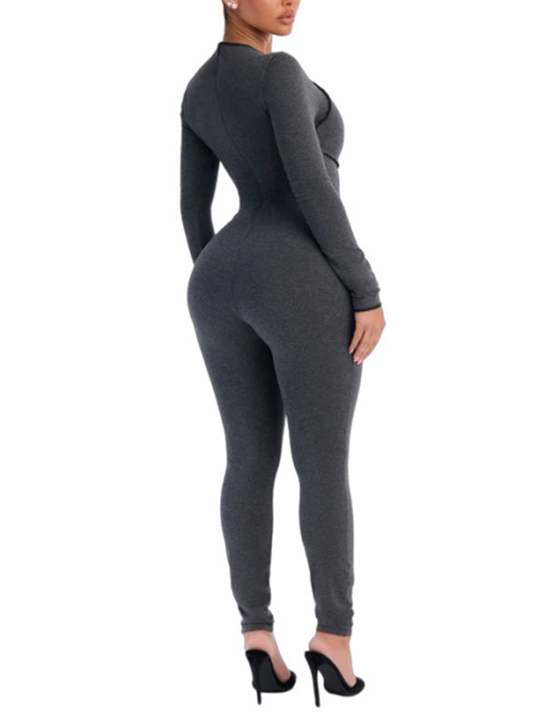 Contrast-Piping Ribbed Jumpsuit