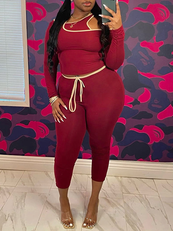 Contrast Cold-Shoulder Top & Capri Pants Set