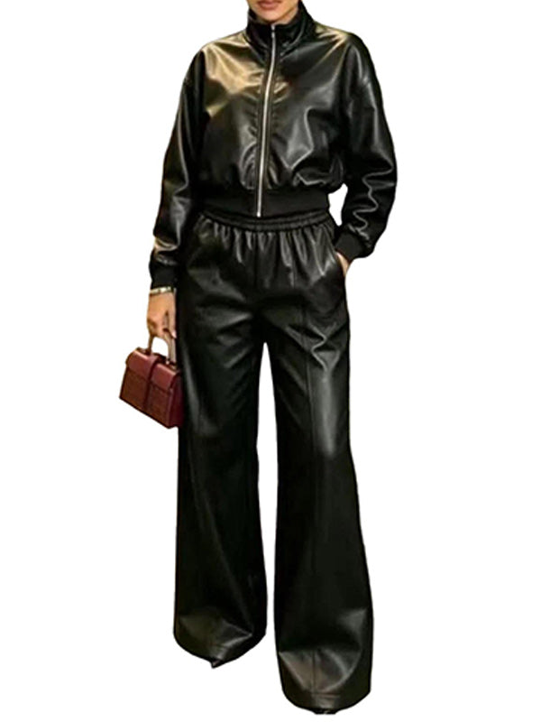 Faux Leather Cropped Top & Wide Leg Pants Set