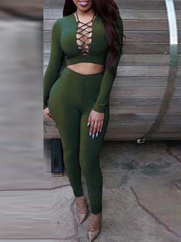 Solid Lace-Up Top & Skinny Pants Set