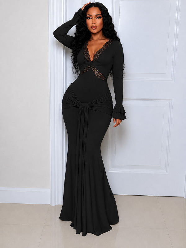 V Neck Lace Combo Maxi Dress