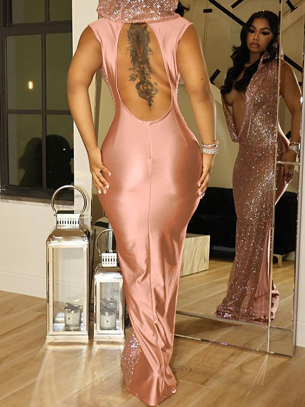 Hooded Sequin Deep Plunge Maxi Dress