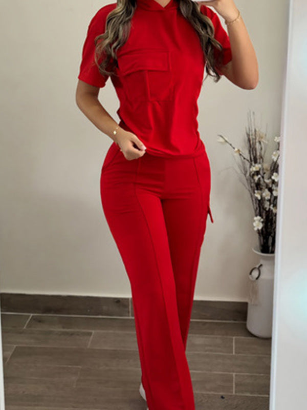 Short Sleeve Hooded Wide Leg Pants Set