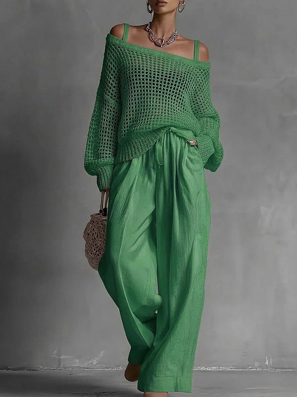 Crochet Knit Sweater Wide Leg Pants Set