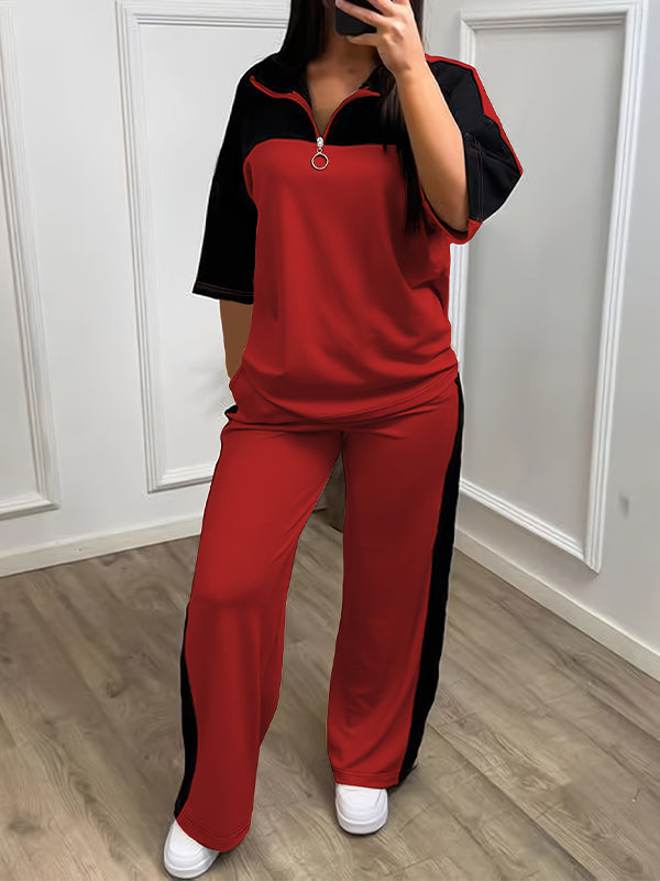 Color Block Half Zip Wide Leg Pants Set