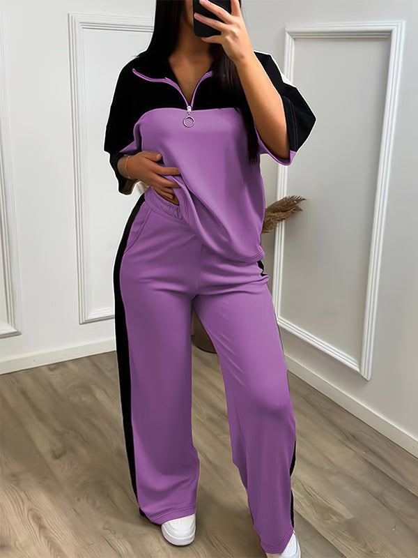 Color Block Half Zip Wide Leg Pants Set