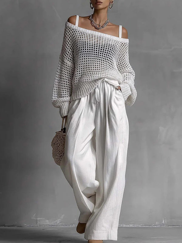 Crochet Knit Sweater Wide Leg Pants Set